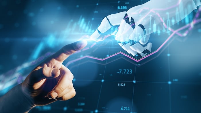 Human and robot hands touching fingers